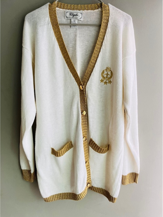 Sweaters - VTG Clyde Cream & Gold Knit Varsity Crest Cardigan Sweater Preppy Old Money